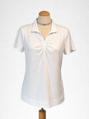 STELLA PARKER Sport Golf Shirt Size Large White Stretchy Ruched Short Sleeves